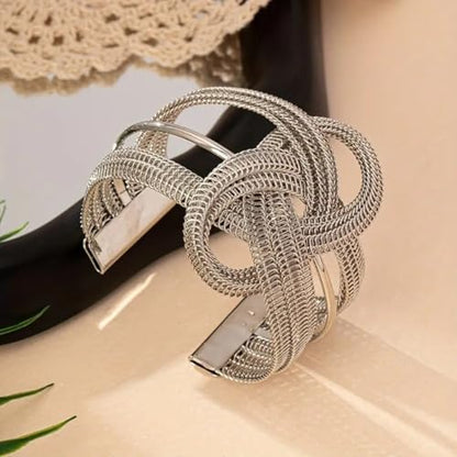 Chunky Cuff Bracelets for Women Wide Gold/Silver Cuffs Bangle Hollow Out Adjustable Bracelets Punk Vintage Jewelry - style: Silver A
