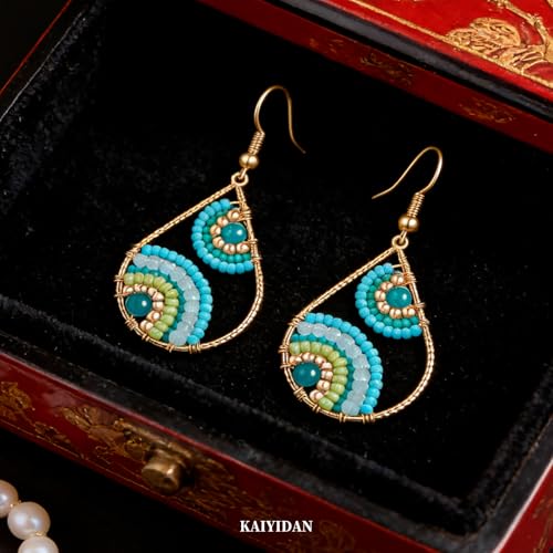 Boho Turquoise Dangle Earrings For Women Trendy,Western Blue Gemstone Drop Earings,Vintage Gothic Ethnic Statement Beach Vacation Long Birthstone Earrings with Leaf Teardrop Turquoise Crystal Tassels,Fashion Jewelry Birthday Gift. - style: A10 Seed Beads