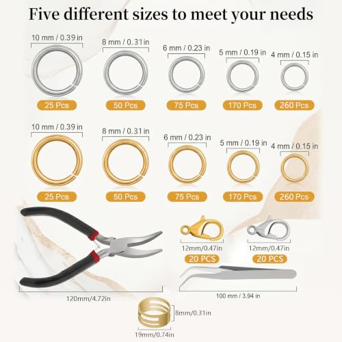 1200 Pcs Jump Rings for Jewelry Making, Open Jump Rings with Pliers, Tweezer and Lobster Clasps for Necklace Repair and Bracelet Making (Silver and Gold) - color: Silver and Gold