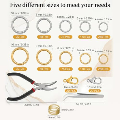 1200 Pcs Jump Rings for Jewelry Making, Open Jump Rings with Pliers, Tweezer and Lobster Clasps for Necklace Repair and Bracelet Making (Silver and Gold) - color: Silver and Gold