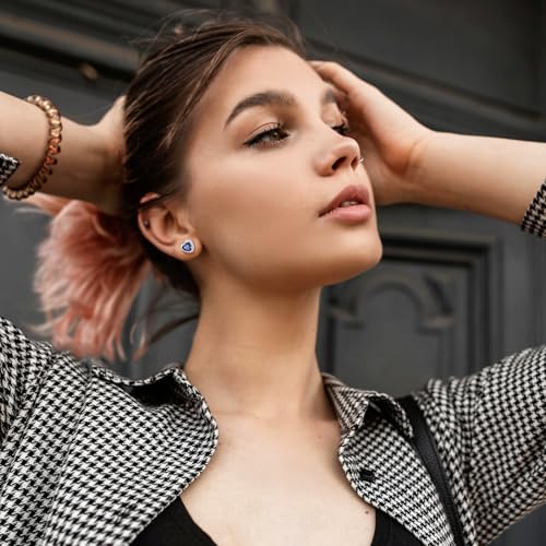 Bestyle 8mm Small Birthstone Earrings for Women with Hypoallergenic Sterling Silver Post,Sparkle Heart/Round Womens Studs Earrings, Great Birthday/Christmas/Anniversary Jewelry for Wife Mother - color: 09. Sept. Sapphire-Heart