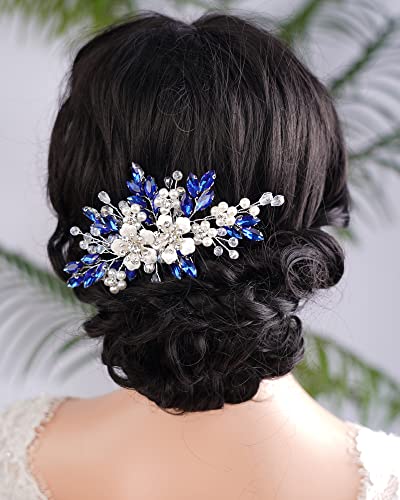 Kercisbeauty Flower Hair Comb for Women and Girls Wedding Bridal Crystal Hair Piece (Blue) - color: Blue