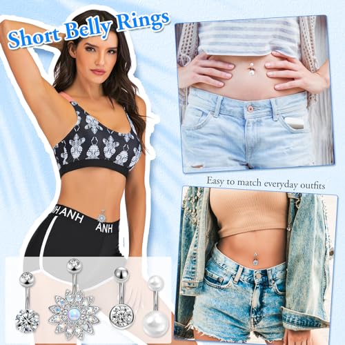 Lucomb Belly Rings for Women, 14G Belly Button Rings for Women Stainless Steel Dangle Belly Piercings Jewelry Rings with Hear Moon Butterfly Flowers - color: Silver