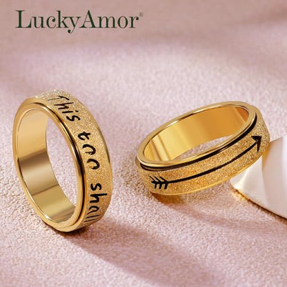 Fidget Spinner Ring for Women - THIS TOO SHALL PASS Stainless Steel 18K Gold Plated Anxiety Rotating Inspirational Ring for Stress Relief, Thumb Hope Rings Jewelry Gift for Women Men - color: Gold