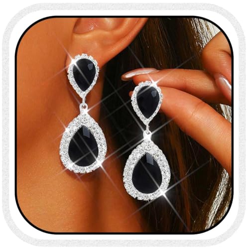 Catery Crystal Wedding Earrings Silver Rhinestone Ear Rings Teardrop Bridal Ear Jewelry for Brides and Women - color: Black