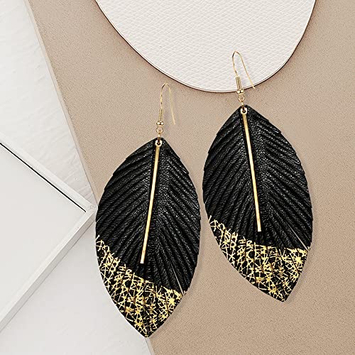 Bohemian Handmade Lightweight Color Large Genuine Soft Leather Fringe Feather Leaf Tear Dangle Drop Earrings for Women Statement - color: 2-Black