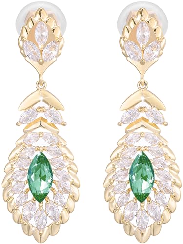Clip On Crystal Dangle Non Pierced Earrings for Women 14K Gold Plated Jewelry - color: May-Emerald-14K Gold