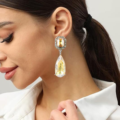 Gorgeous Long Austrian Crystal Teardrop Drop Dangle Clip On Earrings Non Pierced for Women - color: Champagne