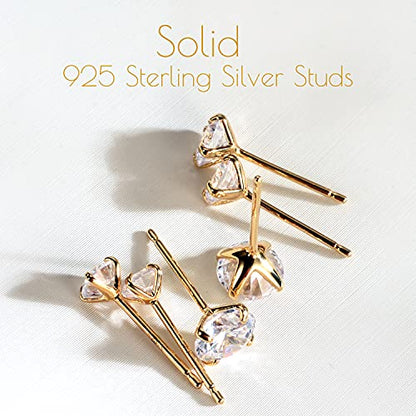 925 Sterling Silver Earrings, Cubic Zirconia Stud Earrings, Diamond Stud Earrings for Women - color: 14K Gold - 4mm, 5mm, 6mm