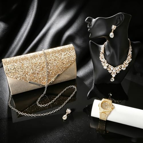 NEWITIN 5 Pieces Purse Rhinestone Jewelry Set for Women Prom Jewels Crystal Clutch Purse Watch Necklace Earrings Silver Jewelry Set for Women Bride - color: Gold
