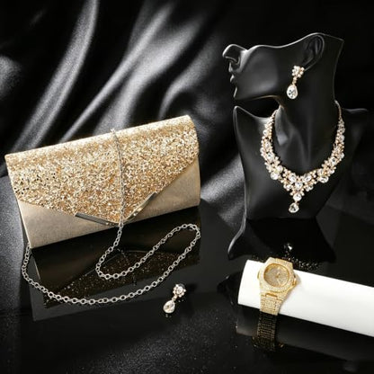 NEWITIN 5 Pieces Purse Rhinestone Jewelry Set for Women Prom Jewels Crystal Clutch Purse Watch Necklace Earrings Silver Jewelry Set for Women Bride - color: Gold