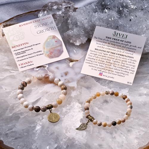 Bivei Natural Semi Precious Gemstone beads bracelet for women - Life Tree and Leaf Charm Energy Reiki Crystal Stretch Bracelets - color: Bamboo Leaf Agate Bracelet Set, size: Medium:6.8-7.24inch
