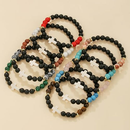 Beaded Bracelets Cross Bracelet for Women Men Lava Rock Turquoise Tiger Eye Natural Bracelet Anxiety Healing - color: 9 Pcs- white cross