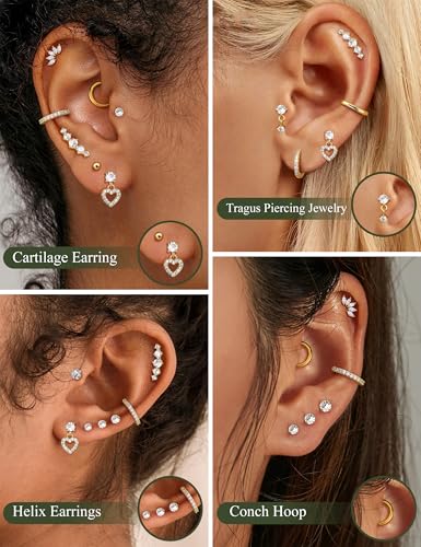 LOLIAS Flat Back Earrings for Women,20G Conch Tragus Helix Piercing Jewelry | Hypoallergenic Cartilage Earring Stacks,Surgical Stainless Steel Earrings for Sensitive Ears,Flatback Stud,Hoop,Earring Set - color: 14K Gold Plated