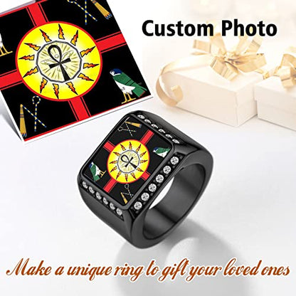FindChic Customized Signet Photo Rings Square/Heart/Round Chunky Band Ring Stainless Steel/18K Gold Plated/Black Size 7 to 14 Personalized Jewelry for Men Women, Send Gift Box - color: 01. square (black)