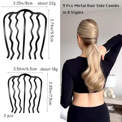 9 Pieces Hair Side Combs, Metal Hair Fork Clip French Twist Comb for Updo Bun, Teeth Hair Pins U-Shape Hair Sticks for Women Hair Styling Tool Accessories (Black)