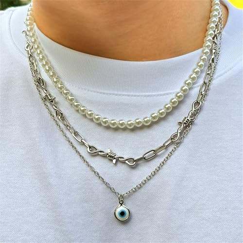 925 Sterling Silver Necklace for Women Trendy, Charming Layered Necklace with Cubic Zirconia Pendant for Her Womens Dainty Diamond Choker Necklaces Holiday Jewelry Gifts for Mom Wife Daughter Lover - color: Evil Eye Necklace-silver03