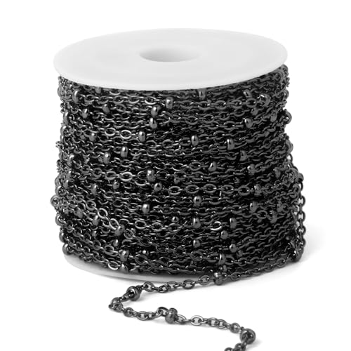 33FT 2mm Stainless Steel Gunmetal Satellite Chains Bulk for Jewelry Making | 304 Stainless Steel Black Ball Beaded Cable Links Chain Roll Spool for DIY Craft - color: Black Small Beads Satellite Cable Chain