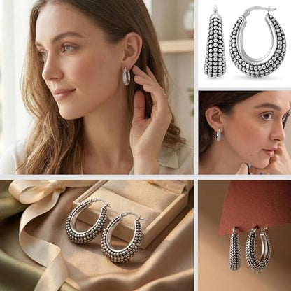 LeCalla 925 Sterling Silver Bali-Style Hoop Earrings Lightweight Click-Top Antique Two-Tone Beaded Italian Bali Style Earring Hoops for Women - style: Oval Beaded