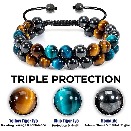 WFJ Black Obsidian Hematite Triple Protection Bracelets Set - Tiger Eye Beaded Natural Stone Bracelet for Men Women Gemstone (10MM) - color: Blue Yellow Tiger's Eye Hematite