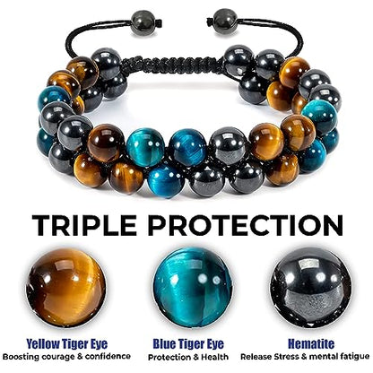 WFJ Black Obsidian Hematite Triple Protection Bracelets Set - Tiger Eye Beaded Natural Stone Bracelet for Men Women Gemstone (10MM) - color: Blue Yellow Tiger's Eye Hematite