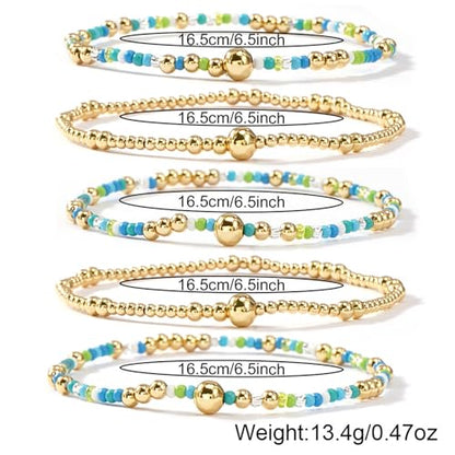 Gold Beaded Stackable Friendship Bracelets Set for Women, Handmade Boho Stretch Summer Jewelry Gift. - color: Gold Blue White Green