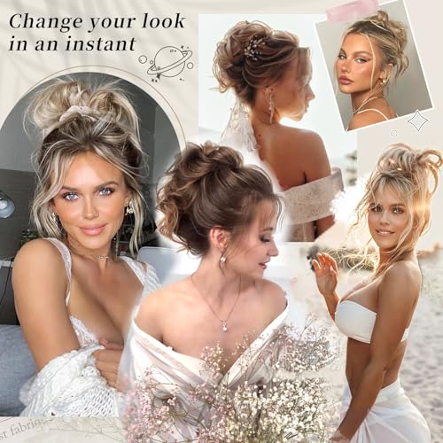 HMD Tousled Updo Messy Bun Hair Piece Ponytail Hairpieces for Women | Synthetic Hair Extension Ponytail with Elastic Rubber Band, Updo Hairpiece Hair Bun Scrunchies for Women Daily Party - color: 27T613(Honey Blonde Mix Bleach Blonde)