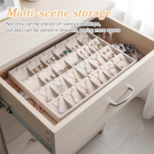 2 Pcs 24 Grids Stackable Jewelry Tray Organizer with Removable Dividers, Velvet Jewelry Display Tray for Earrings Necklaces Bracelet Rings Display Showcase - Beige