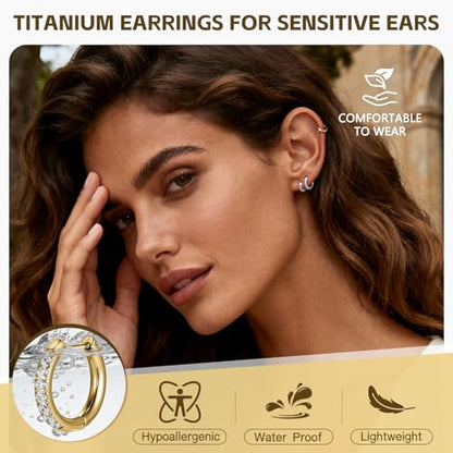 AOEDEJ G23 Titanium Black/Steel Gray/Gold Hoop Earrings 18G Small Huggie Hoop Earrings 8mm/10mm/12mm Cartilage for Sensitive Ears for Multiple Piercing Cartilage Hoop Earring Stack Jewelry - style: D-CZ-Gold-12