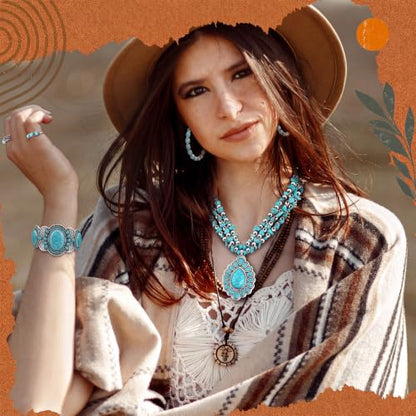 Ecally Bohemian Western Jewelry Turquoise Set Women Country Pendant Long Choker Layered Bracelets Earrings Ring for Women - color: Turquoise, style: Rustic