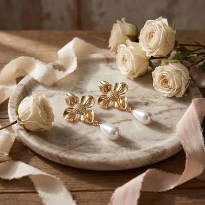 Chunky Gold Plated Flower Statement Drop Earrings for Women | Hypoallergenic 18K Gold Plated Textured Petal Wing, Large Statement Dangle Earrings for Wedding Party - color: Four Petals Pearl
