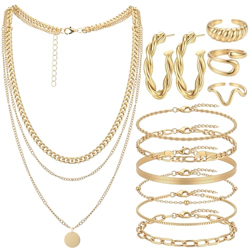 Ecally Bohemian Western Jewelry Turquoise Set Women Country Pendant Long Choker Layered Bracelets Earrings Ring for Women - color: Gold, style: Versatile