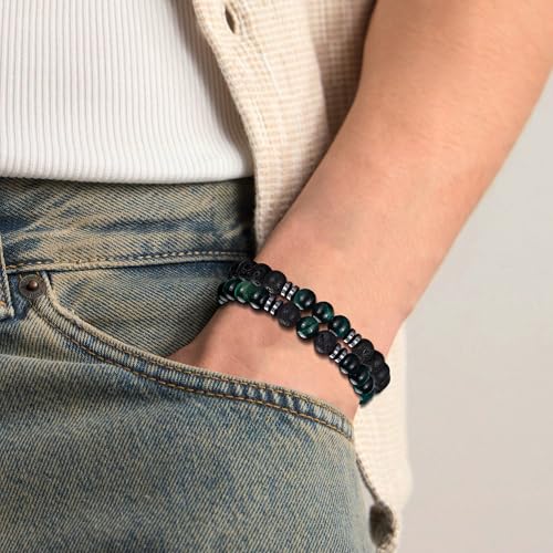 Mens Beaded Bracelets Set 8MM Tiger Eye Lava Stone Stretch Natural Stone Men's Bead Bracelet Mens Bracelet - color: 3, Green Tiger Eye, Frosted, Volcano Bracelet