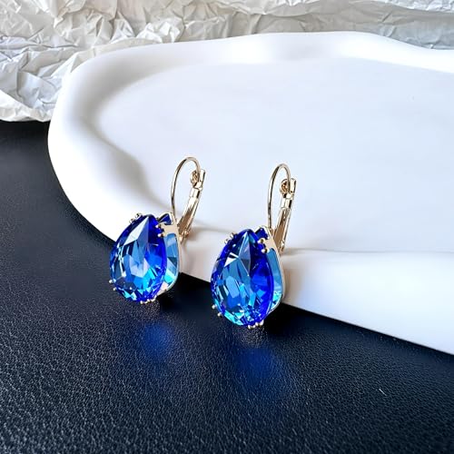 14K Gold Teardrop Crystal Leverback Earrings Sparkly Rhinestone Water Droplet Dangle Drop Earrings For Women - color: Royal Blue