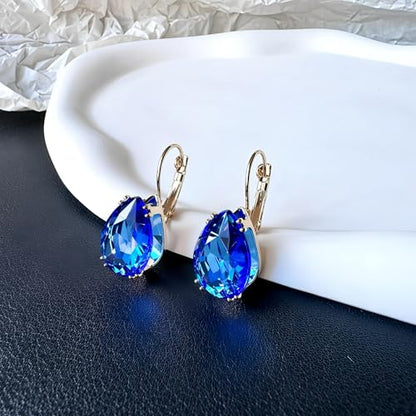 14K Gold Teardrop Crystal Leverback Earrings Sparkly Rhinestone Water Droplet Dangle Drop Earrings For Women - color: Royal Blue
