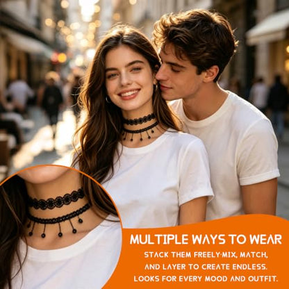 90s Classic Gothic Tattoo Lace Chokers, 8 Pcs Black Velvet Choker Necklaces for Women, Adjustable Retro Grunge Punk Chokers for Cosplay Christmas Halloween Concert Birthday Party