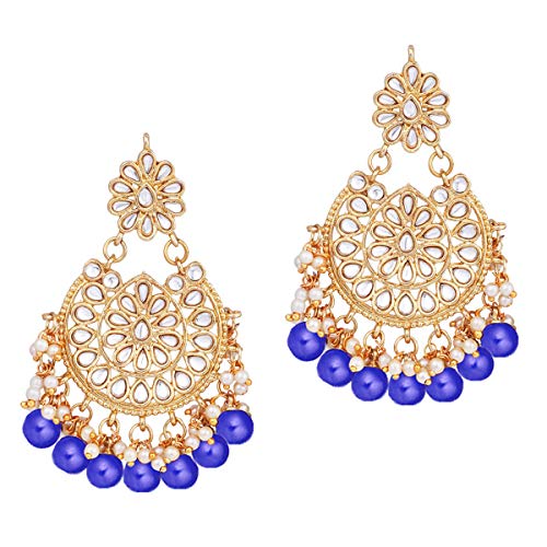 Aheli Elegant Indian Wedding Wear Faux Kundan Studded Choker Necklace with Maang Tikka Set Ethnic Fashion Jewelry for Women Maroon Kundan & Pearl Drop - color: Blue