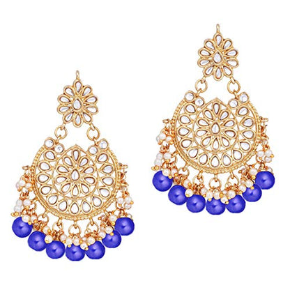 Aheli Elegant Indian Wedding Wear Faux Kundan Studded Choker Necklace with Maang Tikka Set Ethnic Fashion Jewelry for Women Maroon Kundan & Pearl Drop - color: Blue