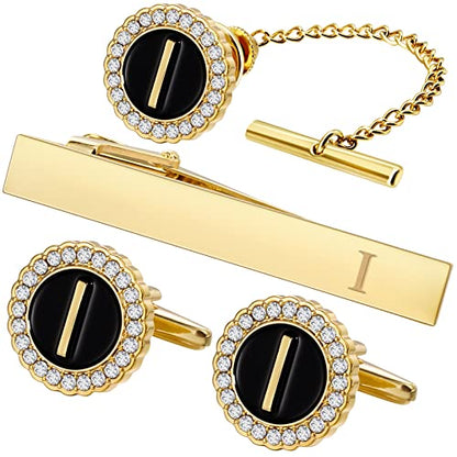 HAWSON Tie Clips, Cufflinks, Tie Tack & Lapel Pins for Men - Suitable for Neckties and French Cuff or Dress Shirt Suits - Jewelry Box Packed, Initials Designed - style: I-4pcs Sets