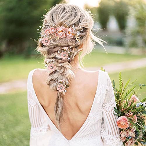 5 Pieces Bridal Flower Wedding Hair Pins Crystal Pearl Hair Combs Clips Headpiece Gold Wedding Hair Accessories Jewelry with Rhinestone for Brides Bridesmaids Women Girls Updo (Cherry Blossoms Pink) - color: Flourish Flowers Series&Cherry Blossoms Pink