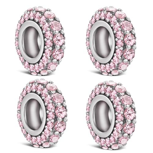 KEQ 925 Silver Spacer Stopper Bead Charms Clearance for Pandora Bracelets Birthstone CZ Always Stopper Birthday Gifts for Mom Grandmom Granddaughter Wife Sisters Friends - color: Pink(4 pcs)