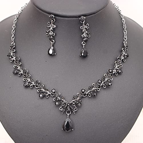 3Pcs Austrian Crystal Jewelry Set for Women, Necklace Dangle Earrings Link Bracelet Jewelry Set with Gold/Platinum/Gun Plated, Wedding Party Jewelry for Bridal Bridesmaid - color: Black-Gun Black