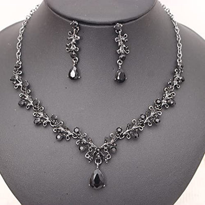 3Pcs Austrian Crystal Jewelry Set for Women, Necklace Dangle Earrings Link Bracelet Jewelry Set with Gold/Platinum/Gun Plated, Wedding Party Jewelry for Bridal Bridesmaid - color: Black-Gun Black