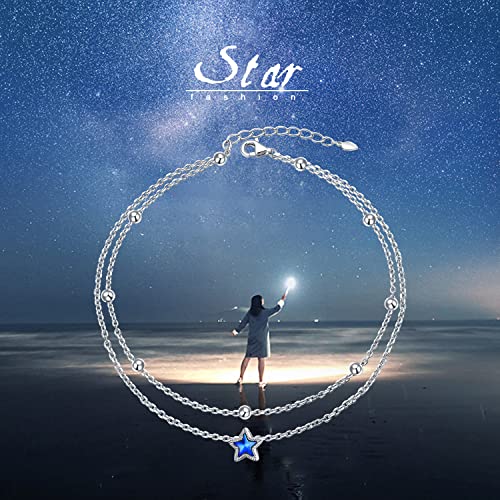 DAOCHONG Double Foot Chain Layer Ankle Bracelets for Women S925 Sterling Silver 3 Blue Stars Beads Chain Double Layer Anklet Beach Jewelry Anklet 9+1.5 inches - style: 01_One Star