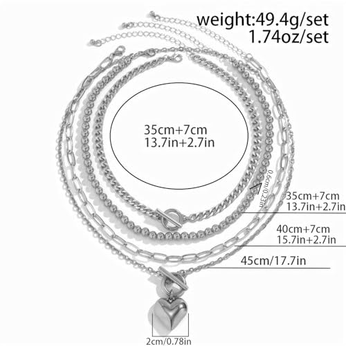 4pcs Layered Gold Necklace for Women NonTarnish Chunky Gold Necklace Retro Coin Heart Pendant Necklace Paperclip Chain Jewelry Set - color: silver