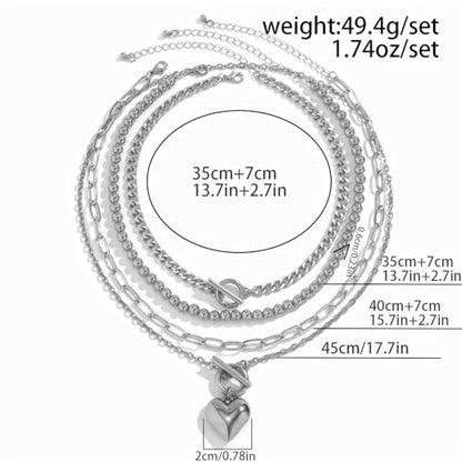 4pcs Layered Gold Necklace for Women NonTarnish Chunky Gold Necklace Retro Coin Heart Pendant Necklace Paperclip Chain Jewelry Set - color: silver