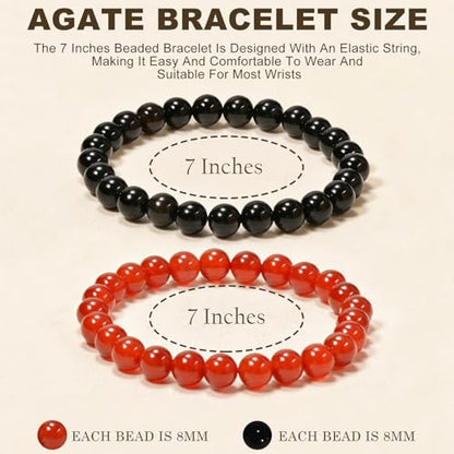 2PCS Agate Bracelet for Women Men Natural Round Beaded Agates Stone Healing Stretch Bracelets Elastic Handmade Polished Gemstone Beads Bracelet - color: Black+Red, size: 8mm Beads