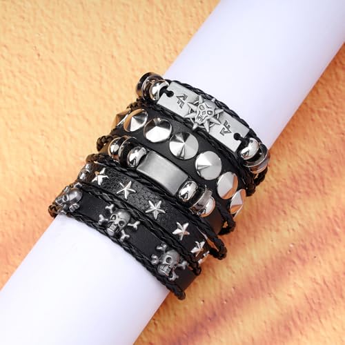 Braided Faux Leather Bracelet Punk Cuff Wrap Bracelets for Men Women Skull,Star,Bull bracelets - color: A3:5PCS