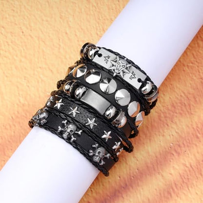 Braided Faux Leather Bracelet Punk Cuff Wrap Bracelets for Men Women Skull,Star,Bull bracelets - color: A3:5PCS