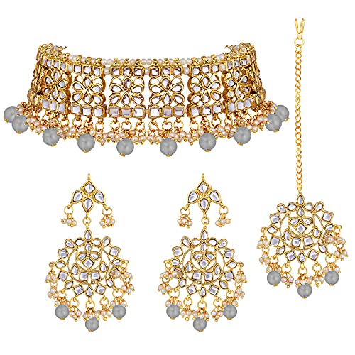 Aheli Elegant Indian Faux Kundan Studded Choker Necklace with Maang Tikka Set Ethnic Wedding Wear Bharatanatyam jewellery set Gift for Women - color: Grey